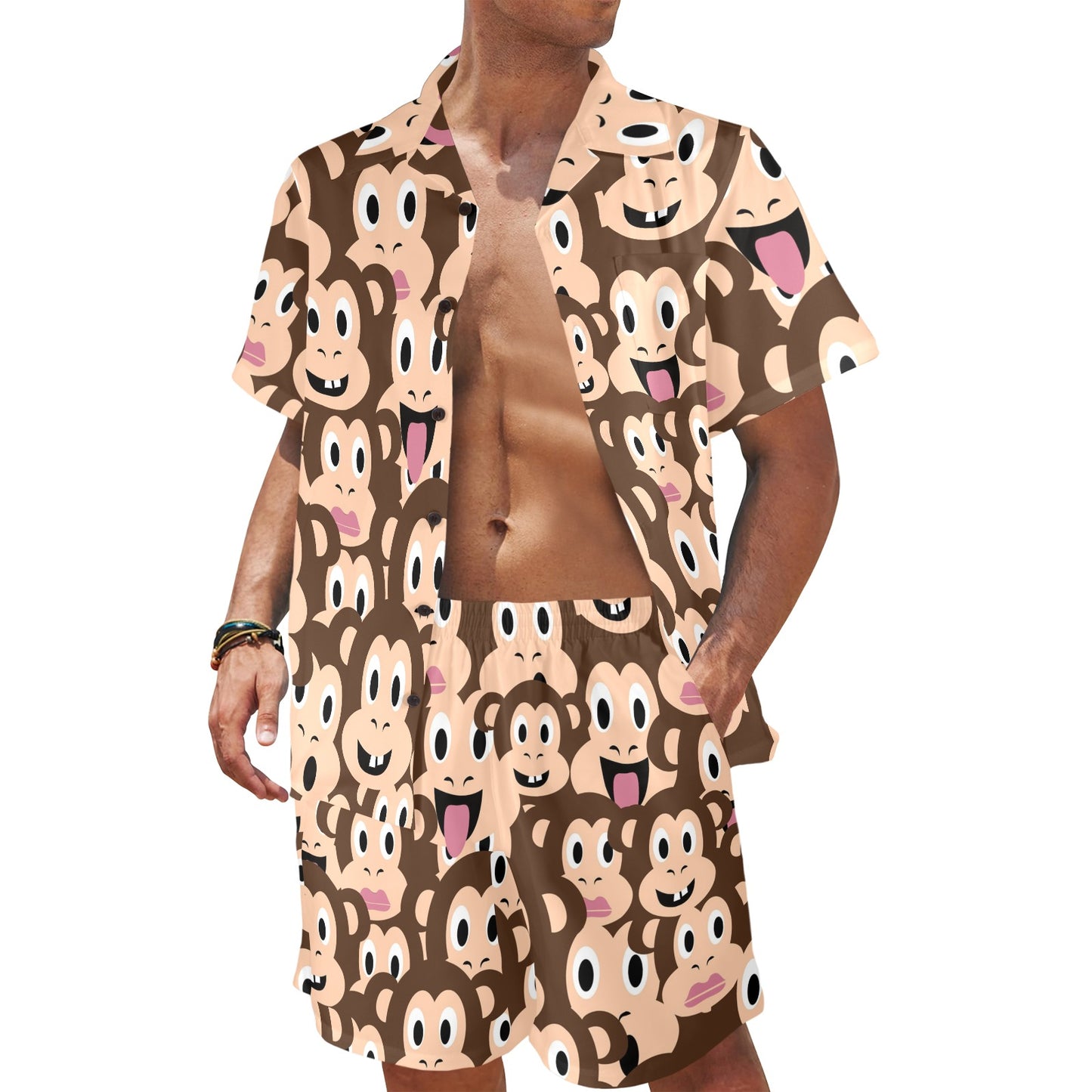 Emoji Monkey Print Pattern Men's Beach Shirt and Shorts Set
