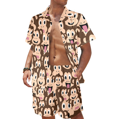 Emoji Monkey Print Pattern Men's Beach Shirt and Shorts Set