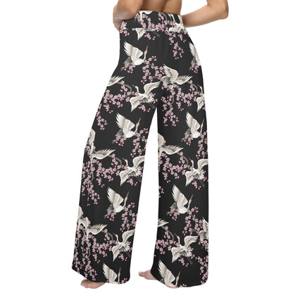 Crane Pattern Print Design 01 Women's Wide Leg Lounge Pants
