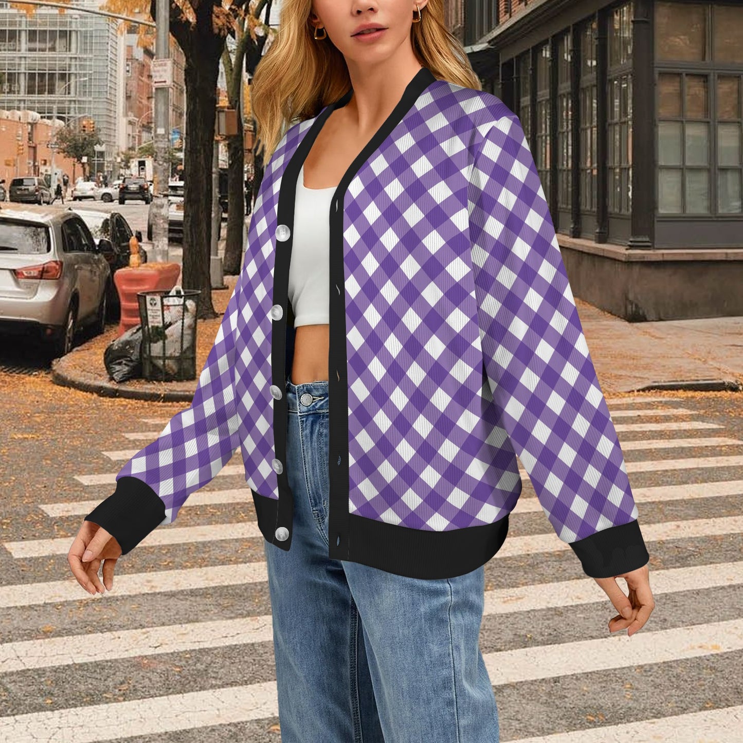 Gingham Purple Pattern Print Design 03 Women's Cardigan