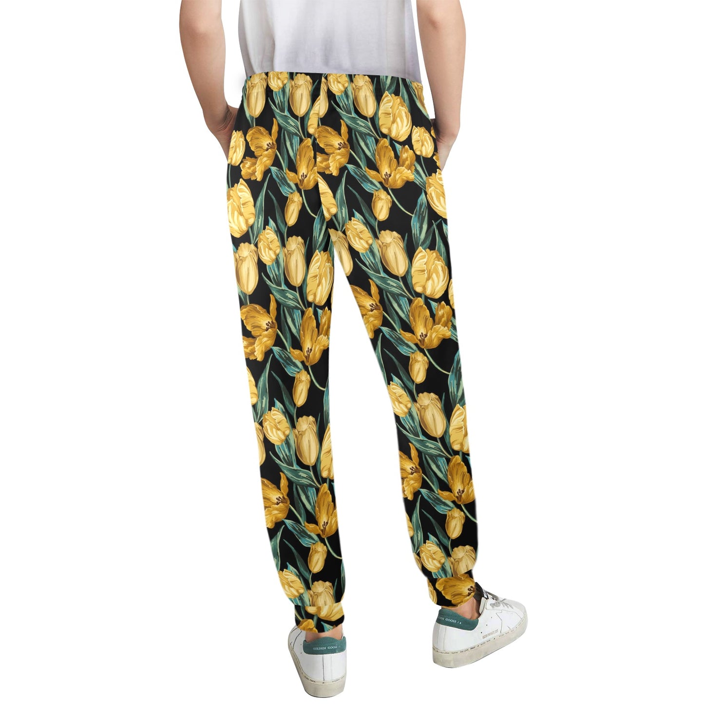 Elegant Yellow Tulip Print Women's Casual Track Pants