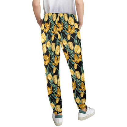 Elegant Yellow Tulip Print Women's Casual Track Pants