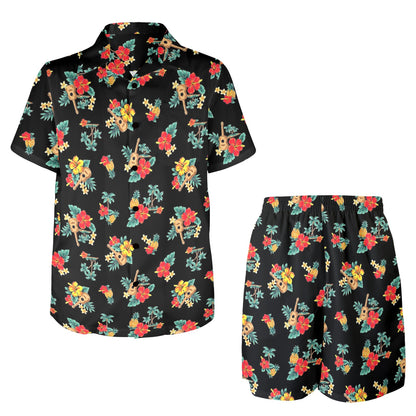Hawaiian Flower Themed Print Men's Beach Shirt and Shorts Set