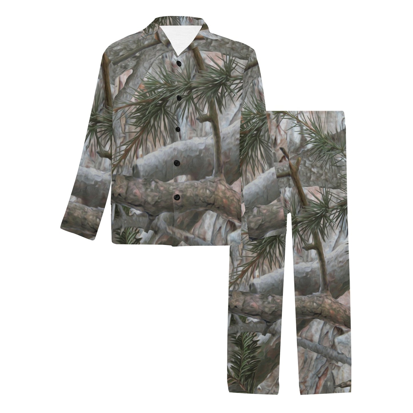 Camo Realistic Tree Forest Pattern Men's Long Pajama Set