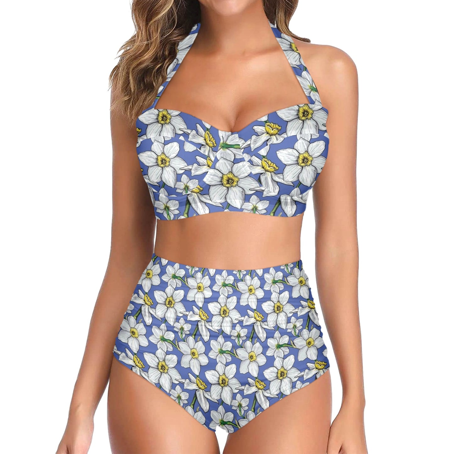 Daffodils Pattern Print Design DF08 Halter Neck Bikini Swimsuit