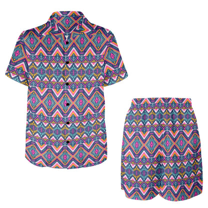 Indian Navajo Pink Themed Design Print Men's Beach Shirt and Shorts Set