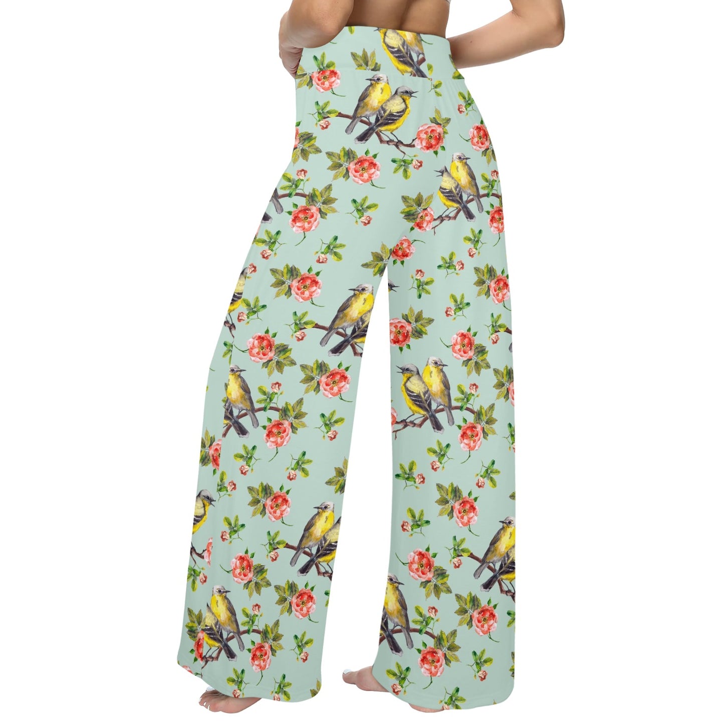 Bird with Red Flower Print Pattern Women's Wide Leg Lounge Pants