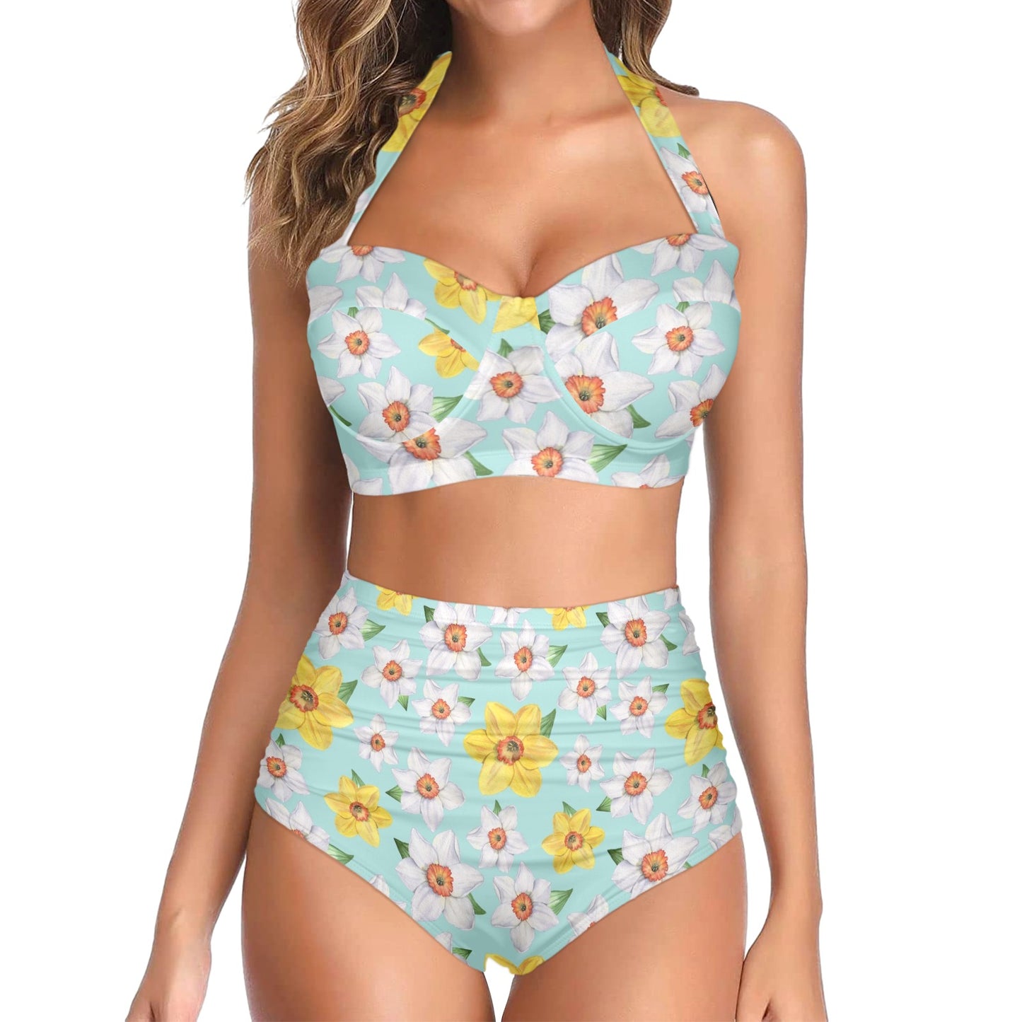 Daffodils Pattern Print Design DF07 Halter Neck Bikini Swimsuit