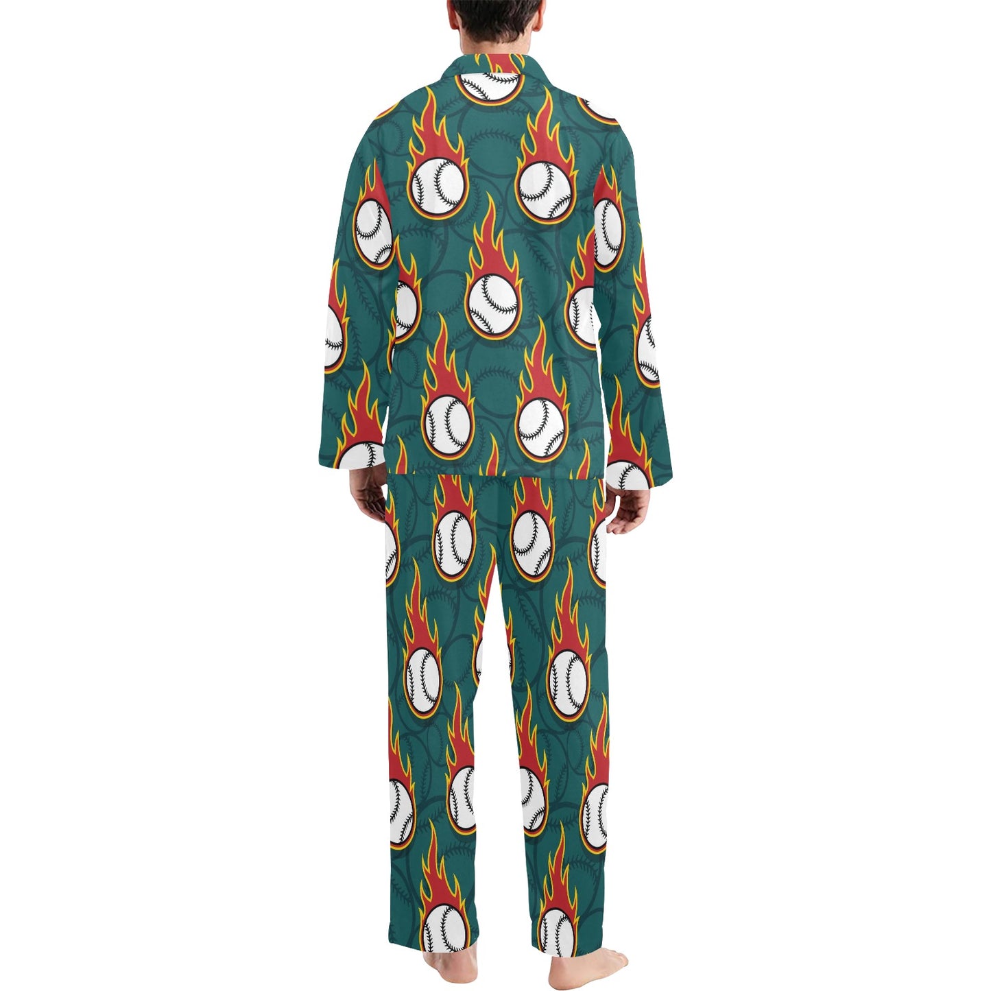 Baseball Fire Print Pattern Men's Long Pajama Set