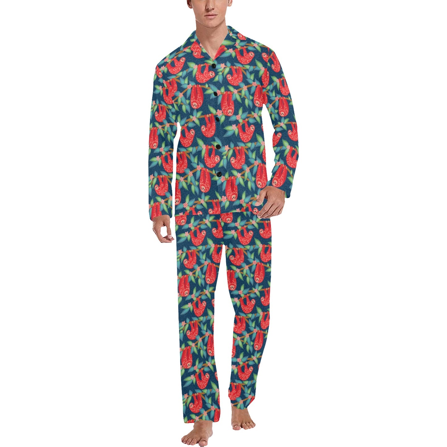 Sloth Red Design Themed Print Men's Long Pajama Set