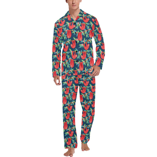 Sloth Red Design Themed Print Men's Long Pajama Set