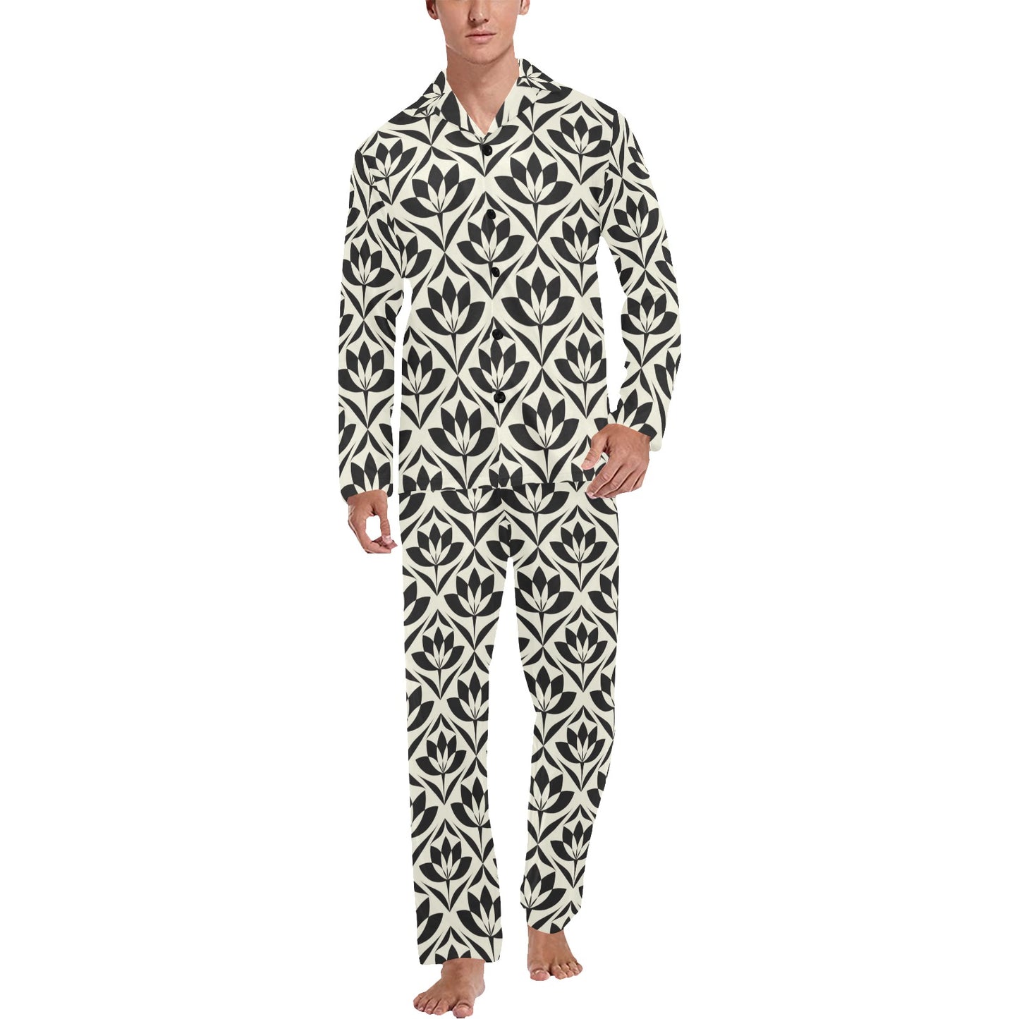 Lotus Pattern Print Men's Long Pajama Set