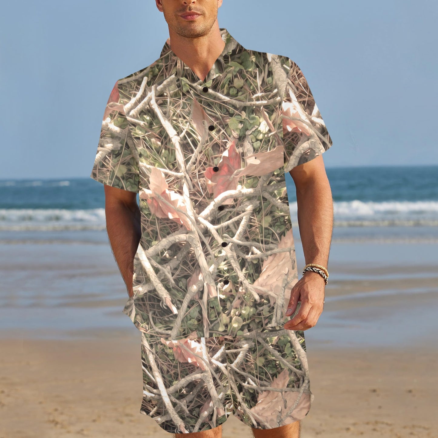 Camouflage Realistic Tree Authumn Print Men's Beach Shirt and Shorts Set