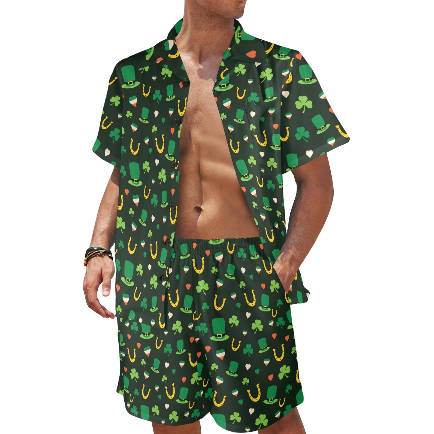 Shamrock Print Design LKS308 Men's Beach Shirt and Shorts Set
