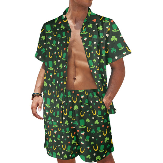 Shamrock Print Design LKS308 Men's Beach Shirt and Shorts Set