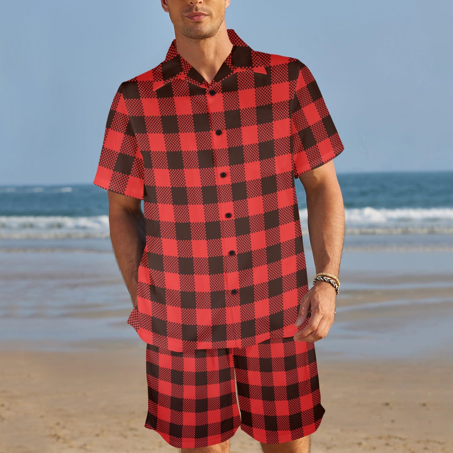 Buffalo check Red Pattern Print Design 05 Men's Beach Shirt and Shorts Set