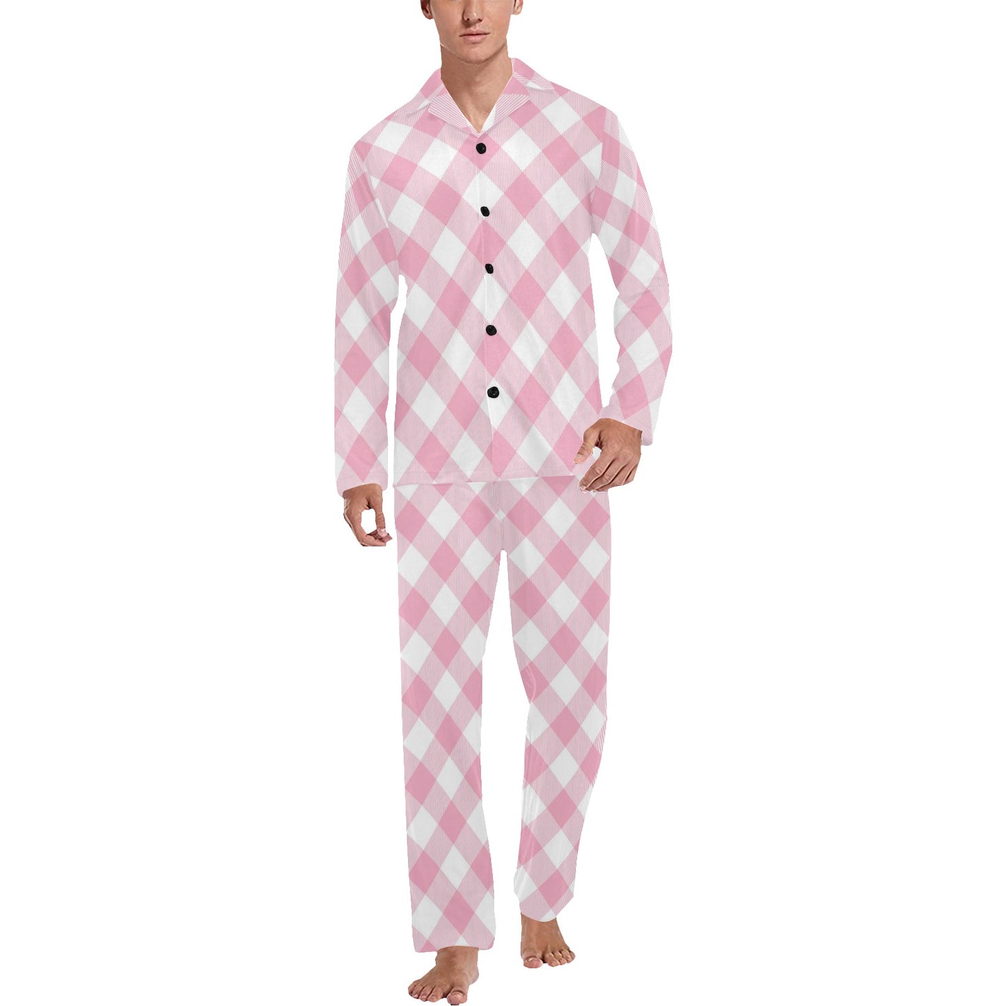 Gingham Pink Pattern Print Design 02 Men's Long Pajama Set