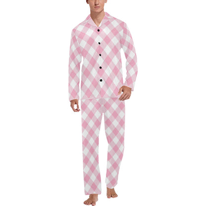 Gingham Pink Pattern Print Design 02 Men's Long Pajama Set