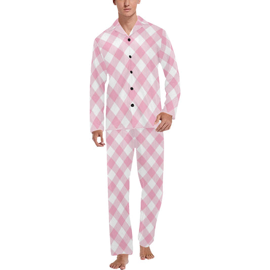 Gingham Pink Pattern Print Design 02 Men's Long Pajama Set
