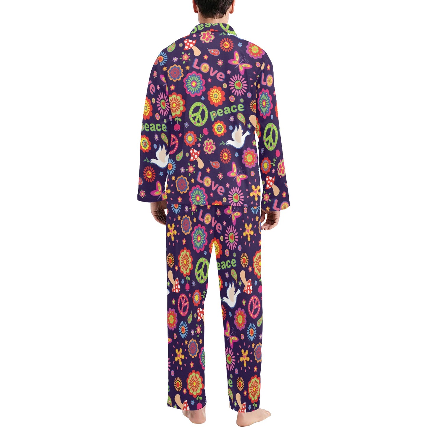 Flower Power Peace Design Print Men's Long Pajama Set