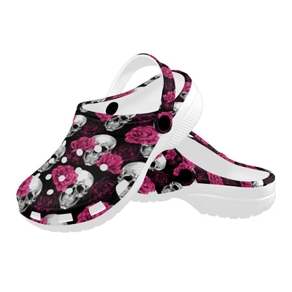 Pink Rose Skull Themed Print Unisex Clogs Shoes
