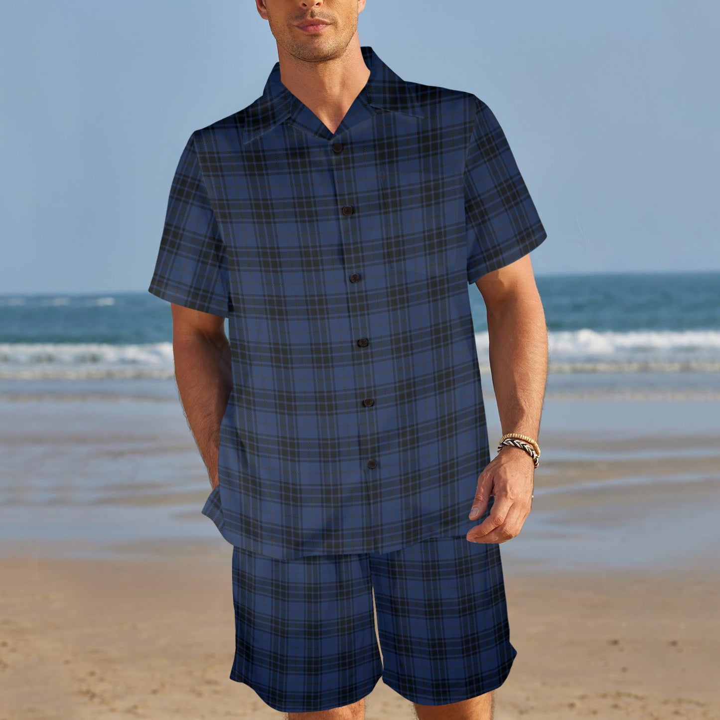 Navy Blue Tartan Plaid Pattern Men's Beach Shirt and Shorts Set