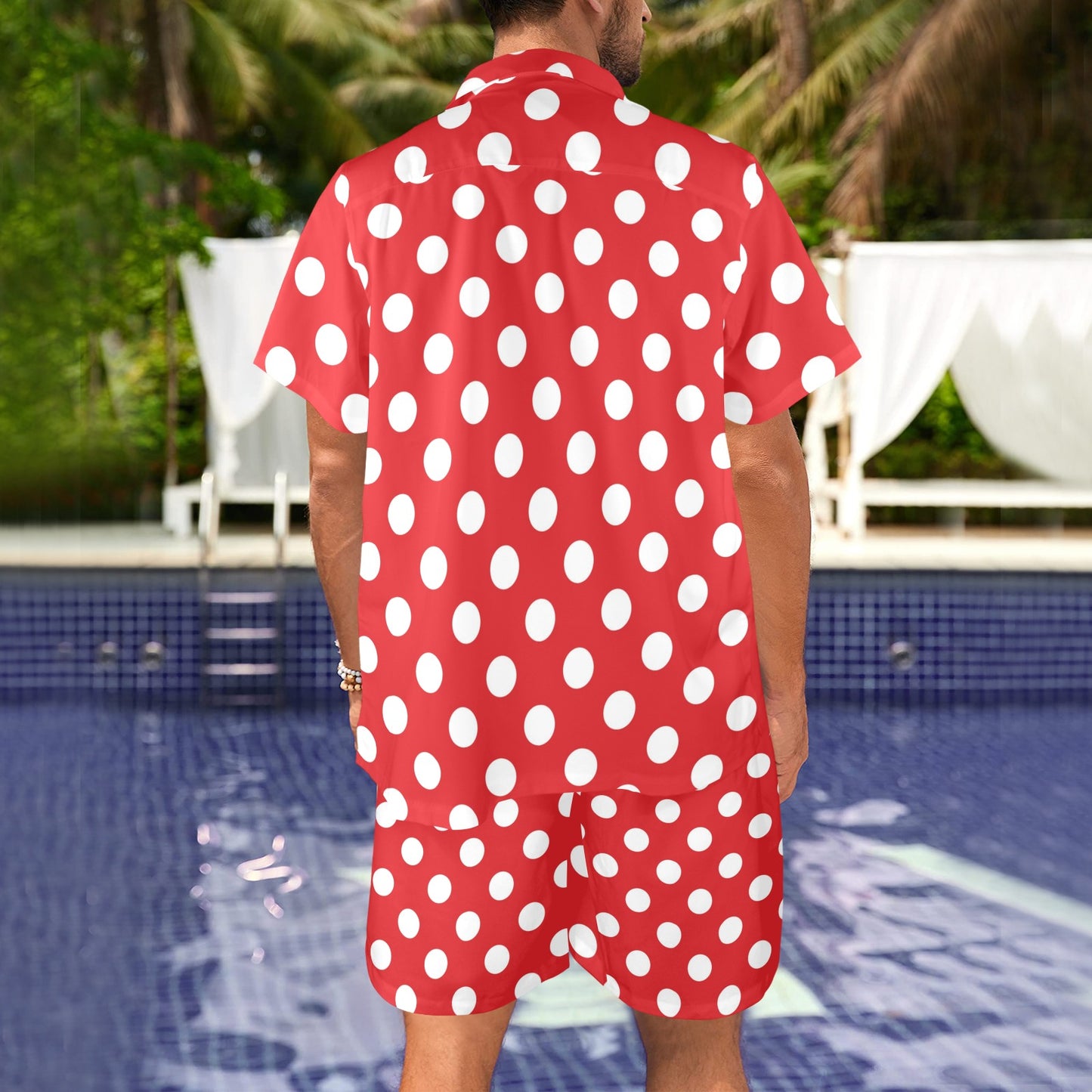 Polka Dot Red Pattern Print Design 04 Men's Beach Shirt and Shorts Set