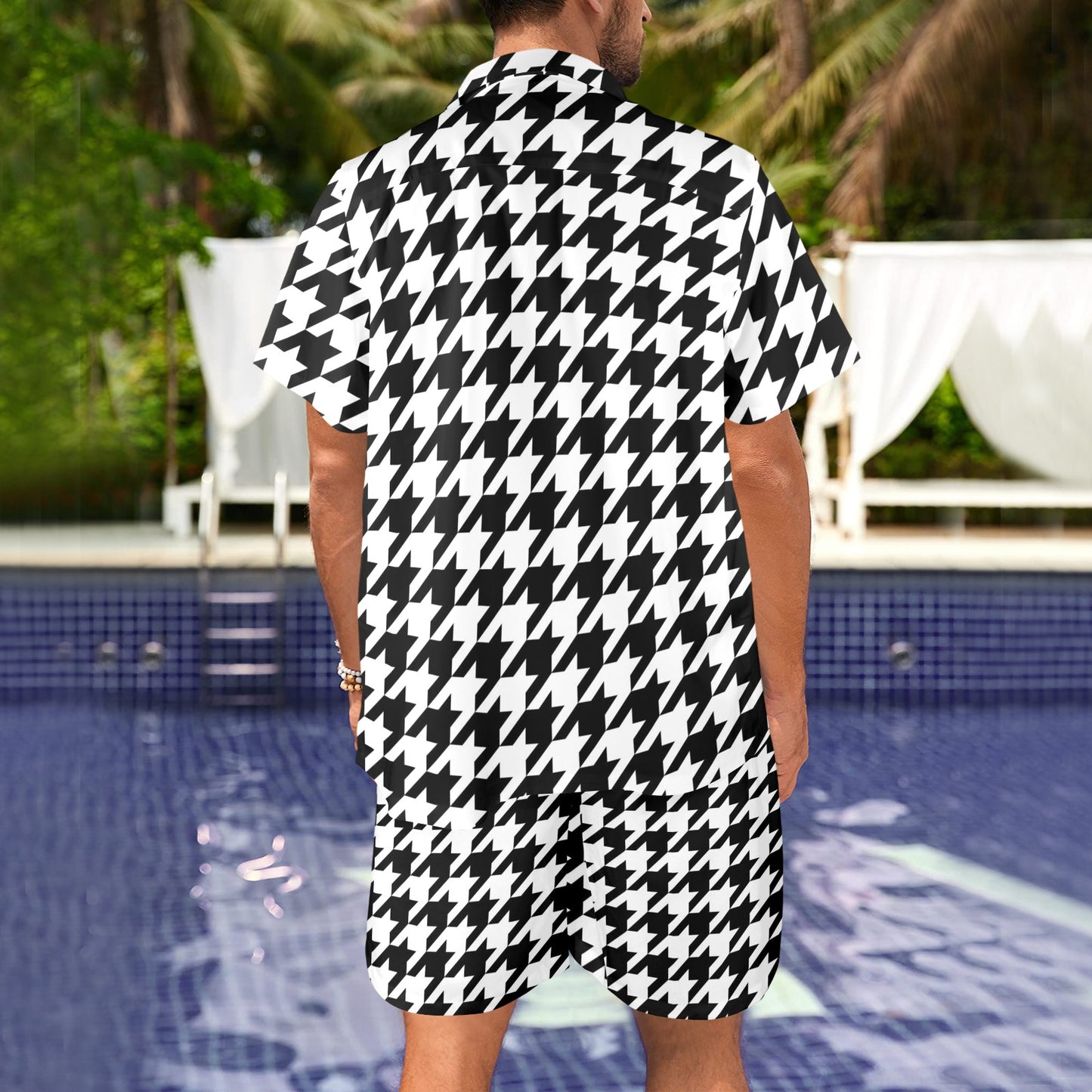 Houndstooth Black White Pattern Print Design 05 Men's Beach Shirt and Shorts Set