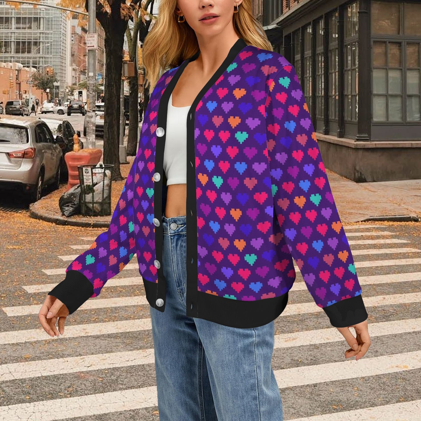 Heart Pixel Pattern Print Design HE03 Women's Cardigan