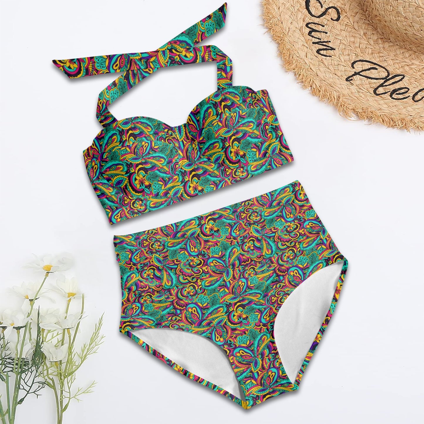 Psychedelic Trippy Floral Design Halter Neck Bikini Swimsuit