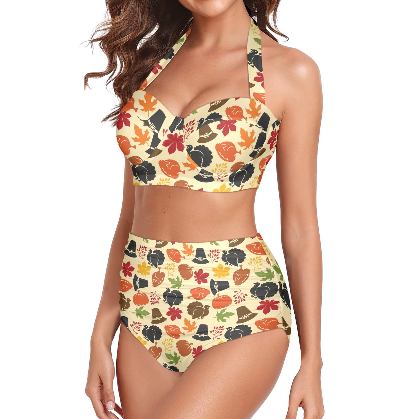 Thanksgiving Print Design LKS303 Halter Neck Bikini Swimsuit