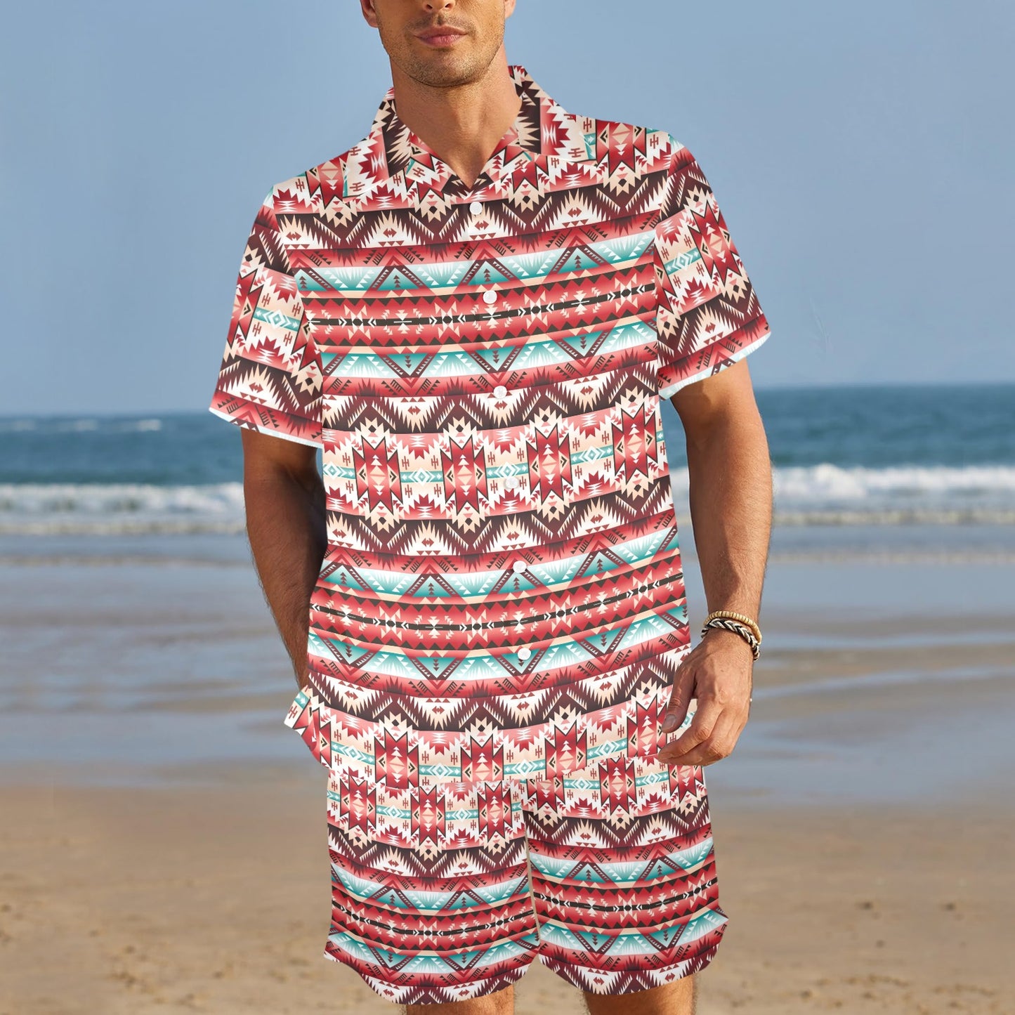 Aztec Western Style Print Pattern Men's Beach Shirt and Shorts Set