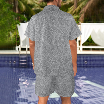 Elm Leave Grey Print Pattern Men's Beach Shirt and Shorts Set