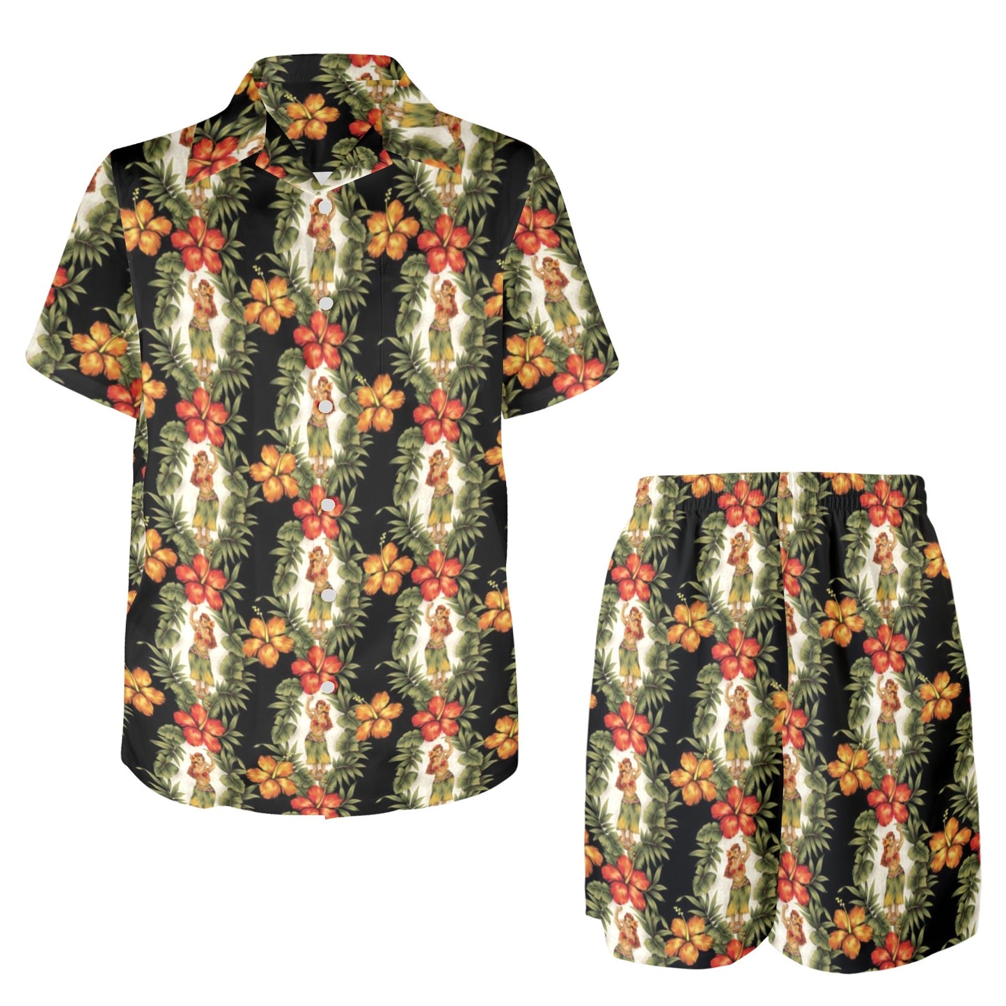 Hawaiian Flower Hula Hibiscus Print Men's Beach Shirt and Shorts Set
