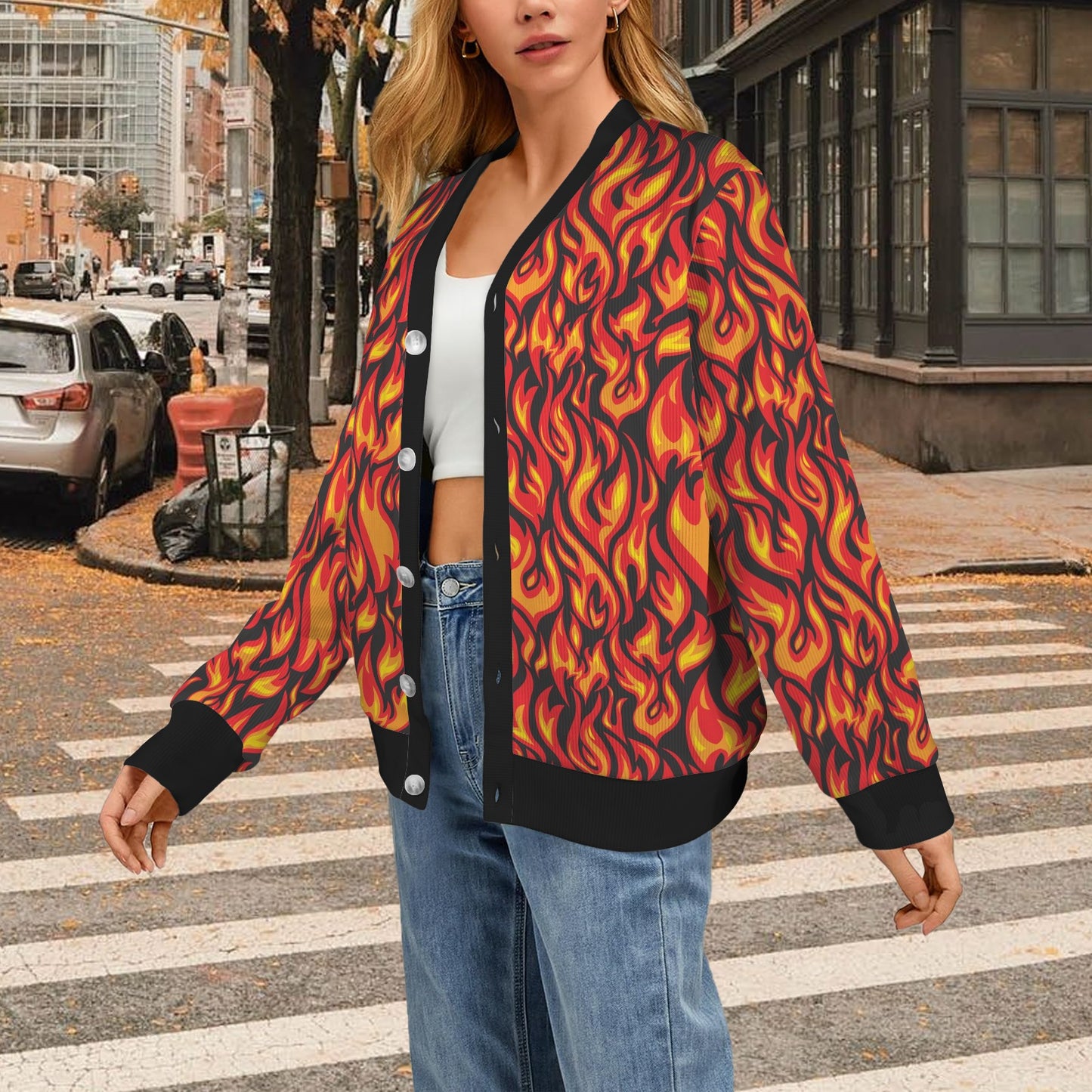 Flame Fire Print Pattern Women's Cardigan