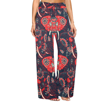 Red Indian Elephant Pattern Women's Wide Leg Lounge Pants