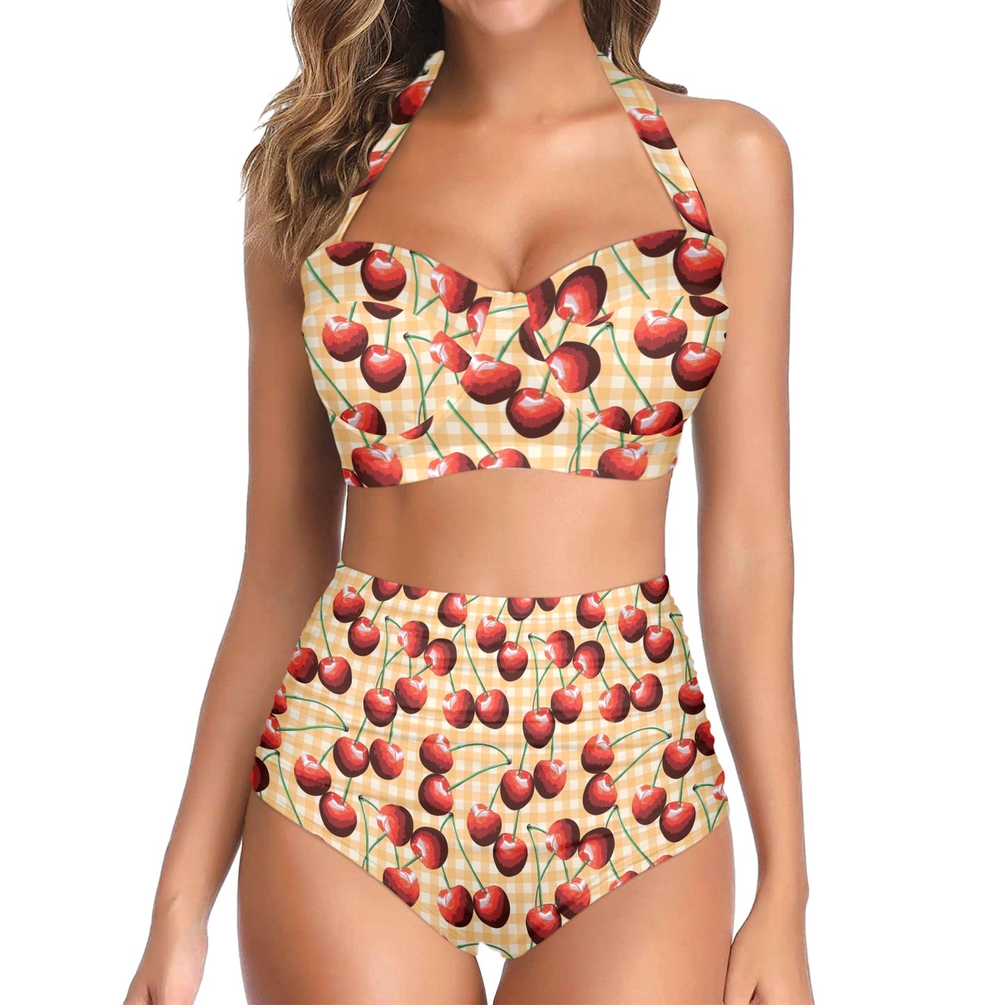 Cherry Orange Plaid Print Halter Neck Bikini Swimsuit