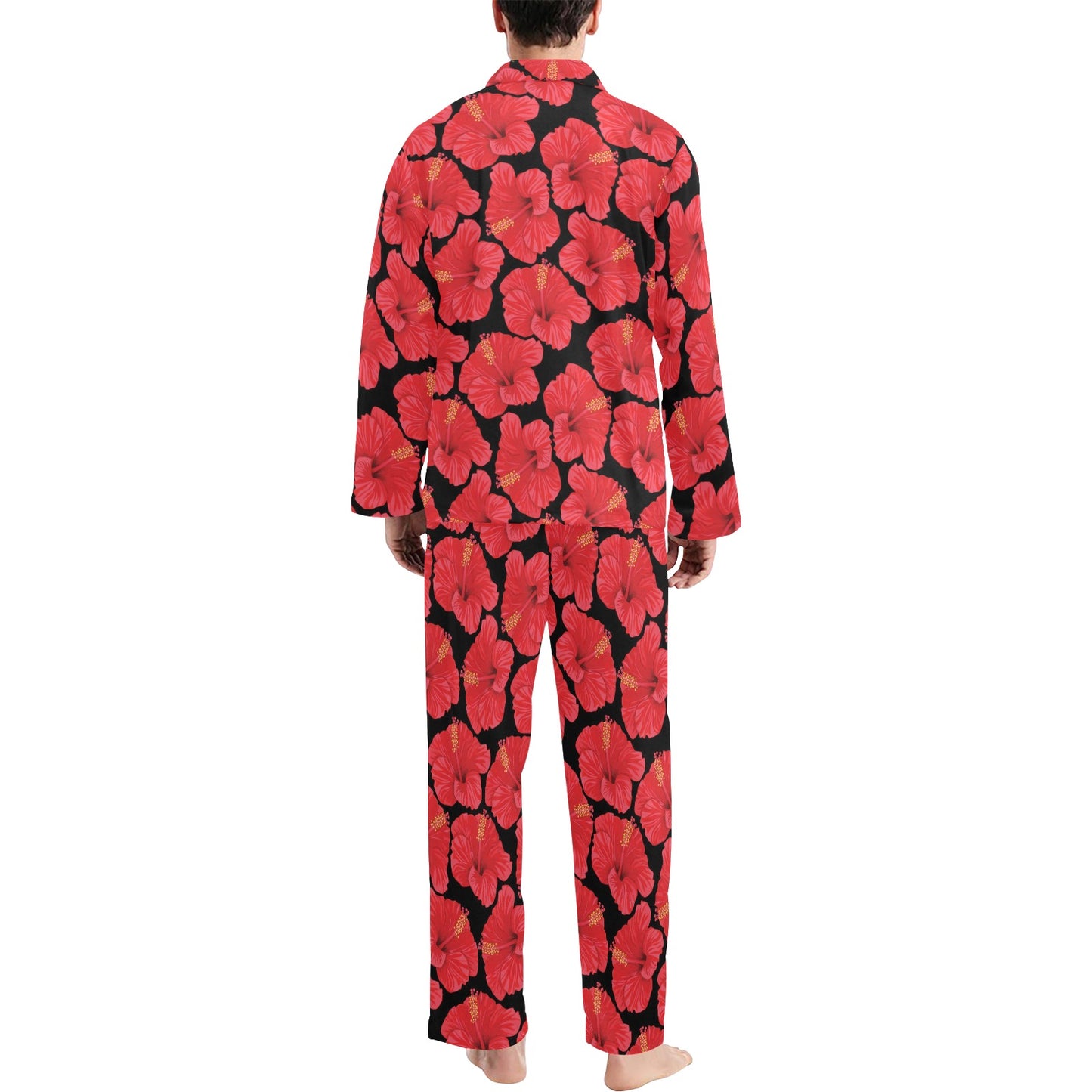 Hibiscus Red Pattern Print Design LKS306 Men's Long Pajama Set