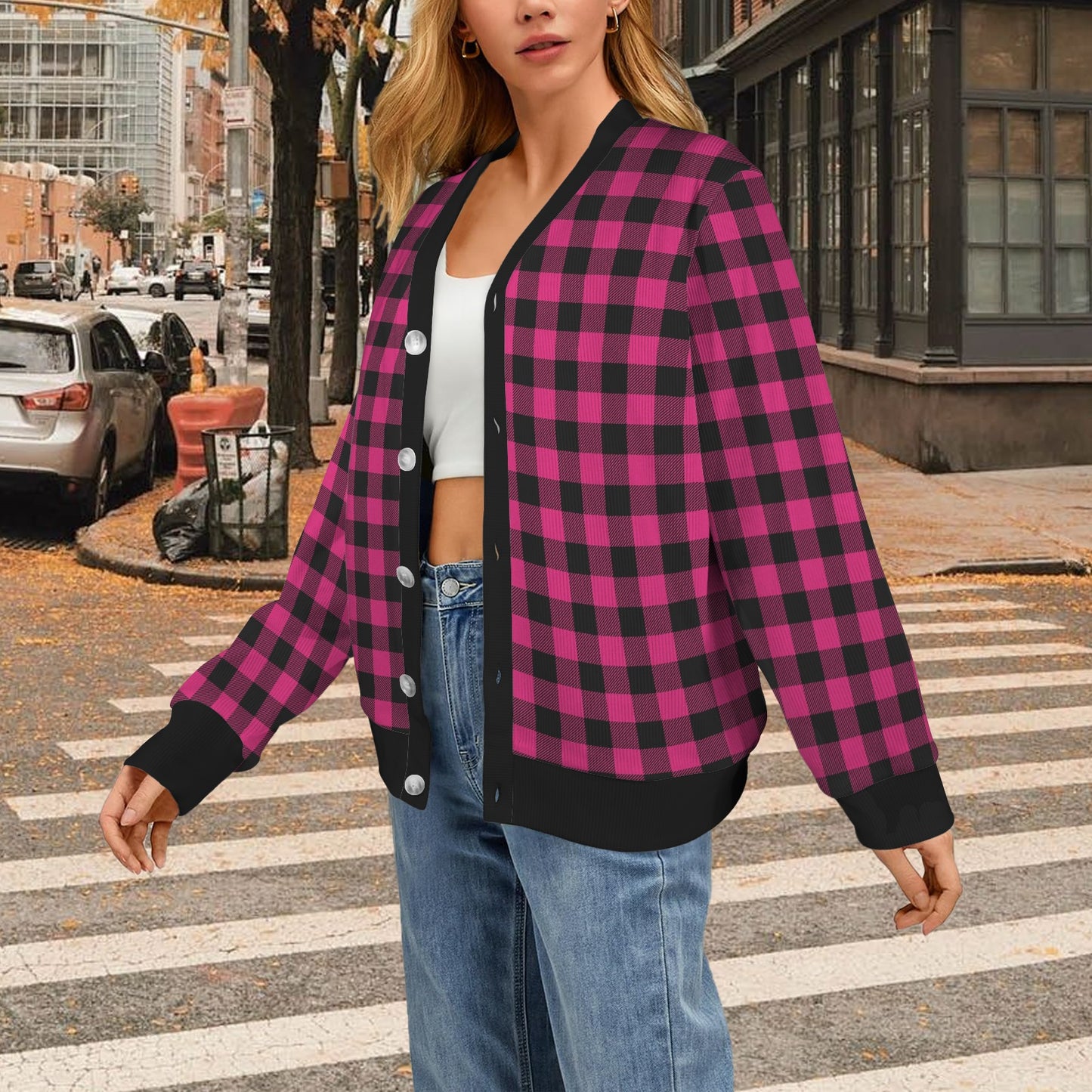 Pink Tartan Plaid Pattern Women's Cardigan