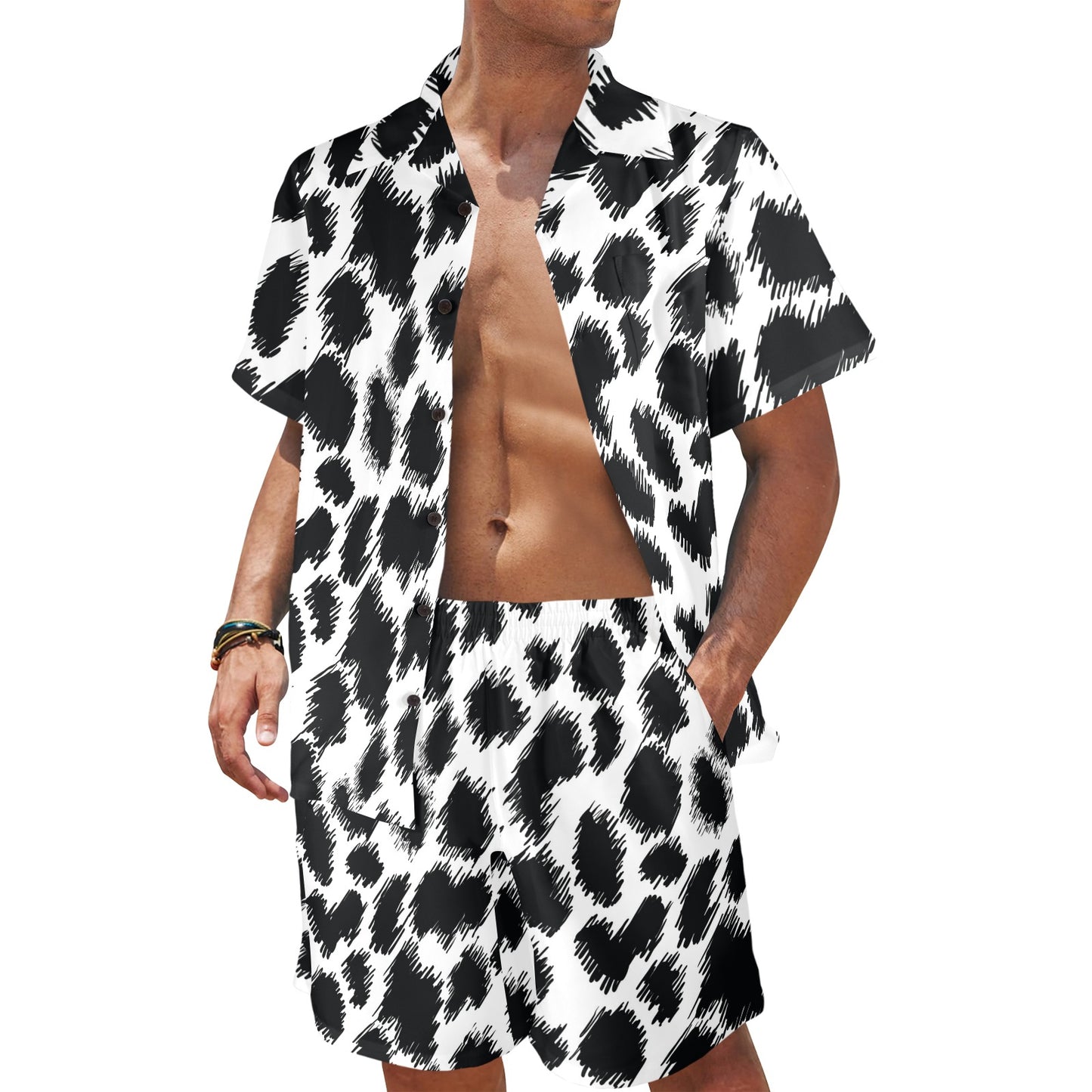 Cheetah Black Print Pattern Men's Beach Shirt and Shorts Set