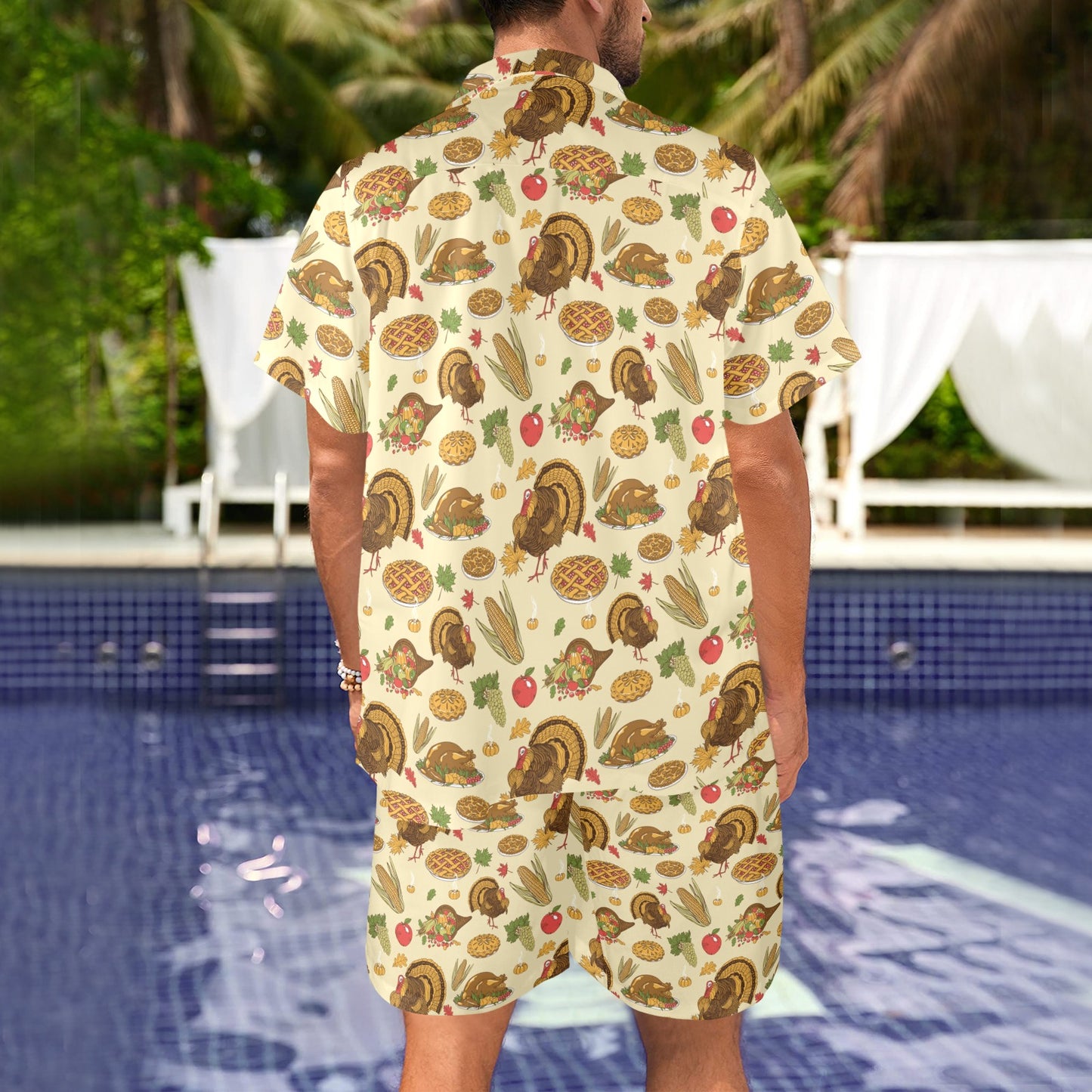 Thanksgiving Print Design LKS302 Men's Beach Shirt and Shorts Set