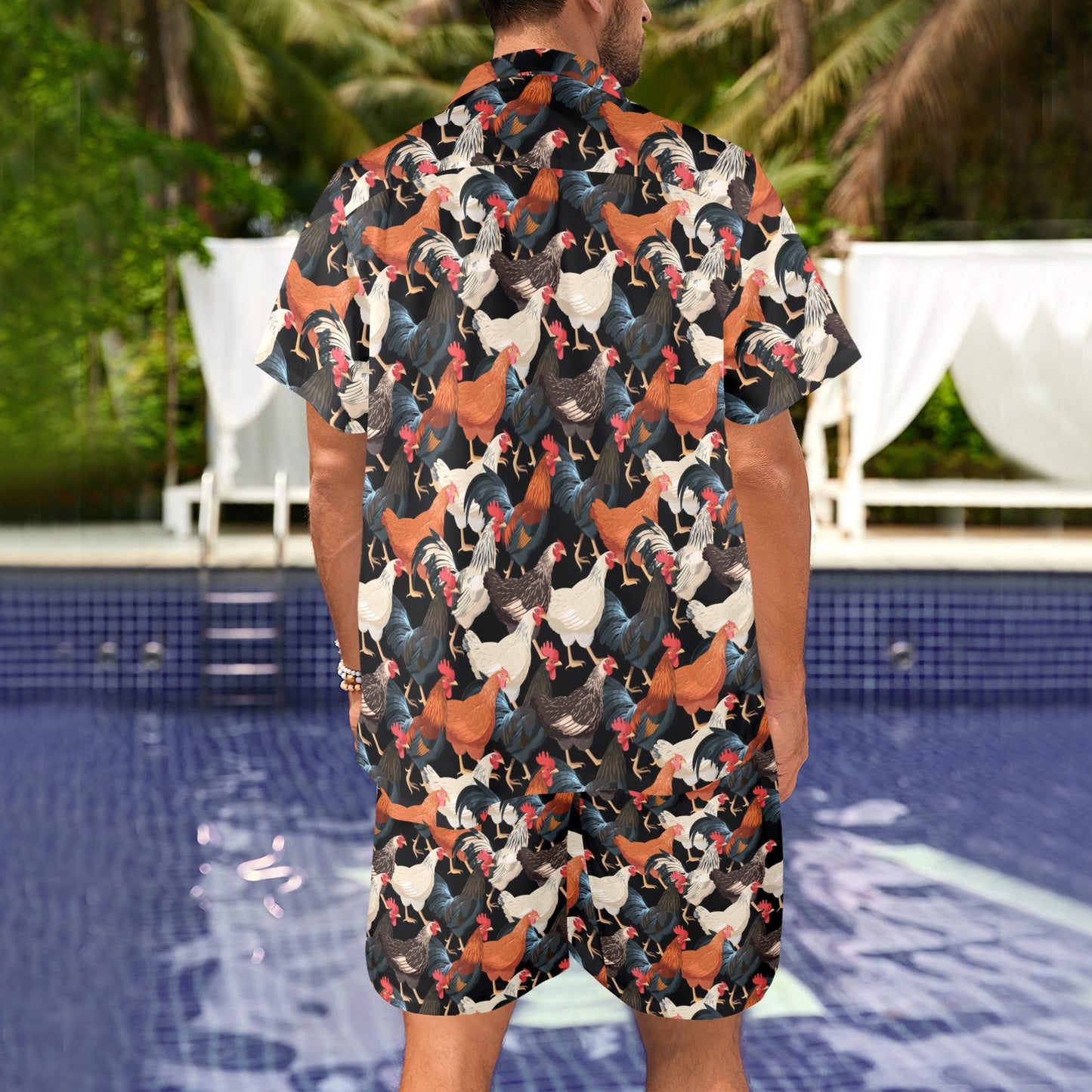Chicken Print Pattern Men's Beach Shirt and Shorts Set