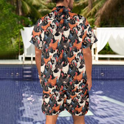 Chicken Print Pattern Men's Beach Shirt and Shorts Set