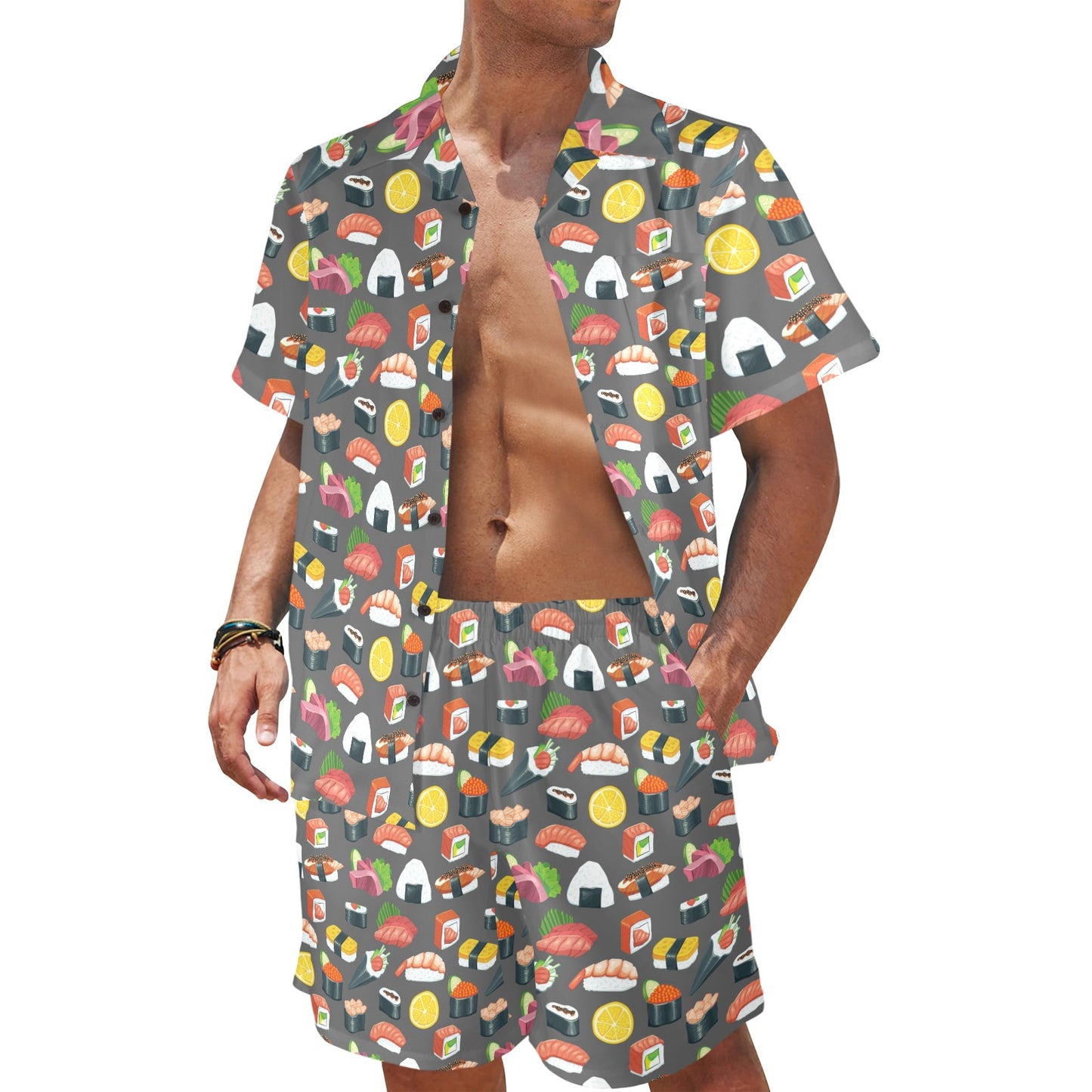 Sushi Pattern Print Men's Beach Shirt and Shorts Set
