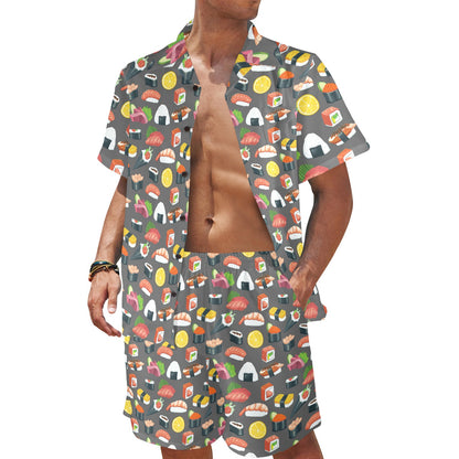Sushi Pattern Print Men's Beach Shirt and Shorts Set
