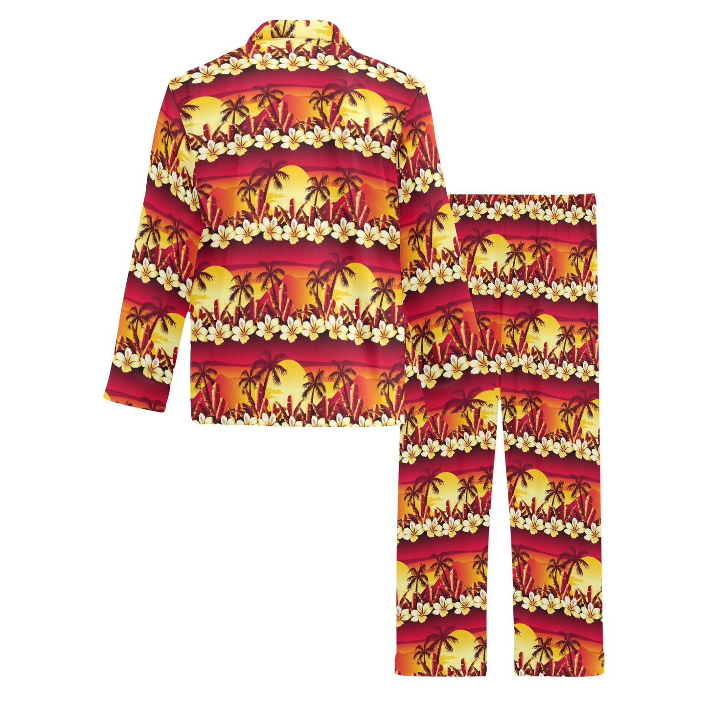 Hawaiian Tropical Sunset Hibiscus Print Men's Long Pajama Set