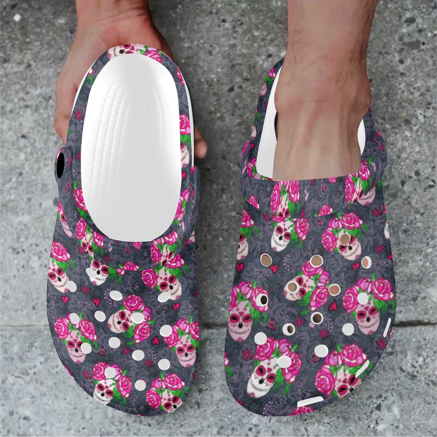 Sugar Skull Pink Rose Themed Print Unisex Clogs Shoes