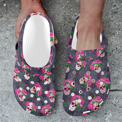 Sugar Skull Pink Rose Themed Print Unisex Clogs Shoes
