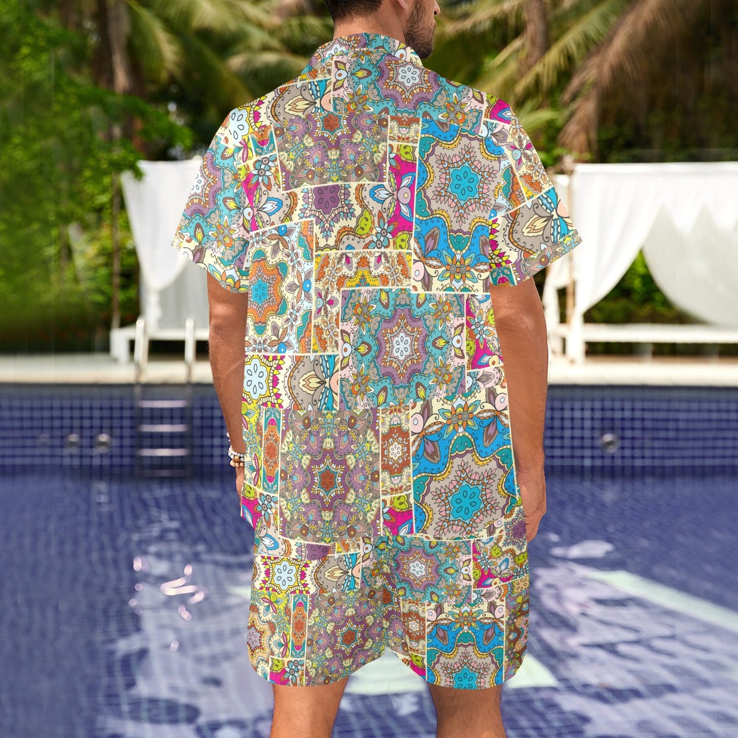 Patchwork Print Design LKS402 Men's Beach Shirt and Shorts Set