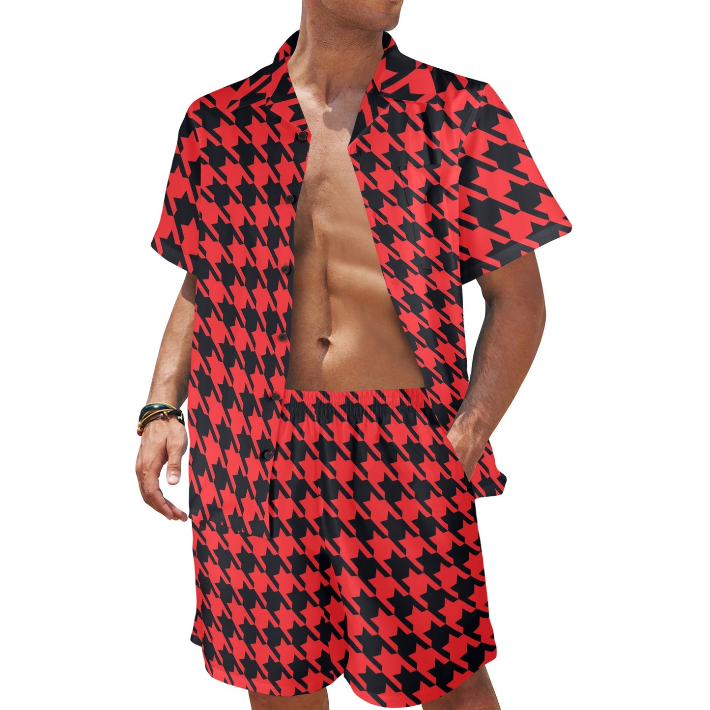 Houndstooth Red Pattern Print Design 03 Men's Beach Shirt and Shorts Set